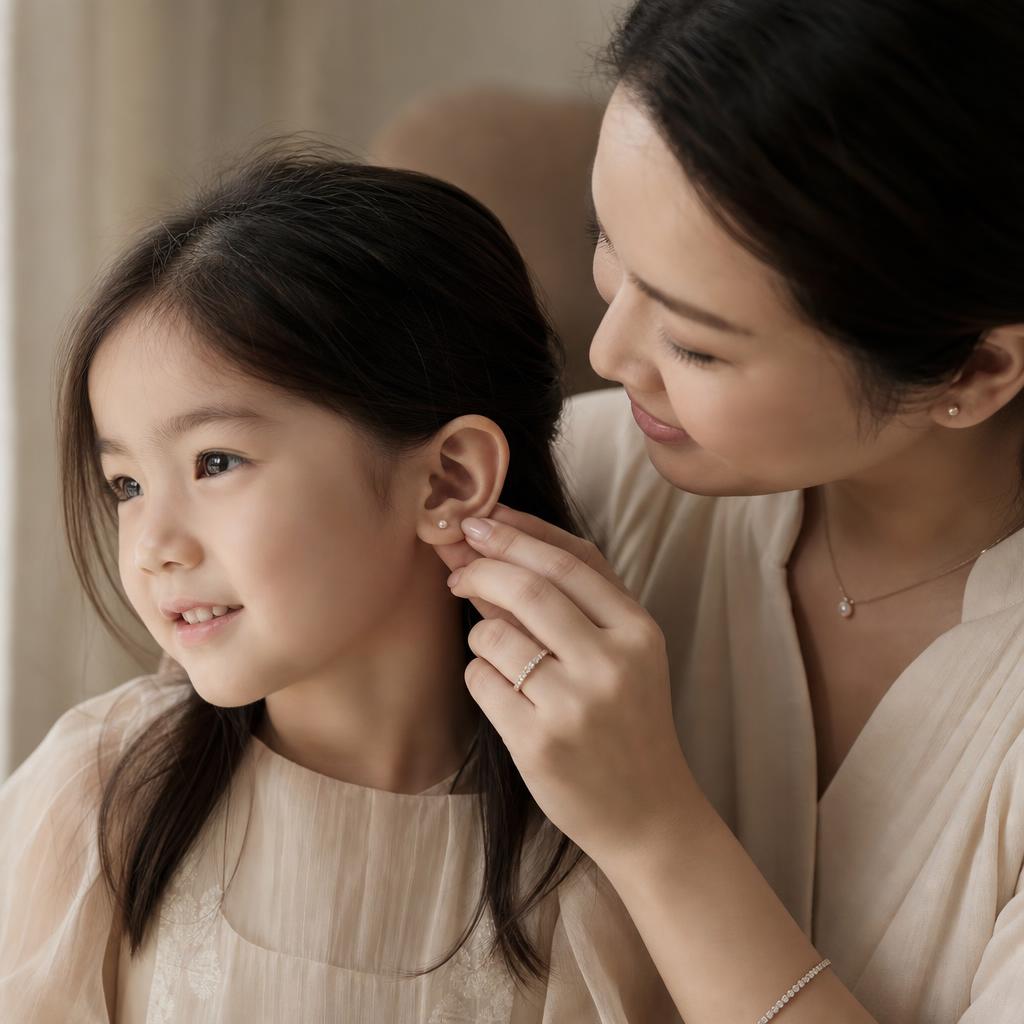 Chinese Singaporean mother helping her 4-year-old daughter wear her first tiny pearl earrings