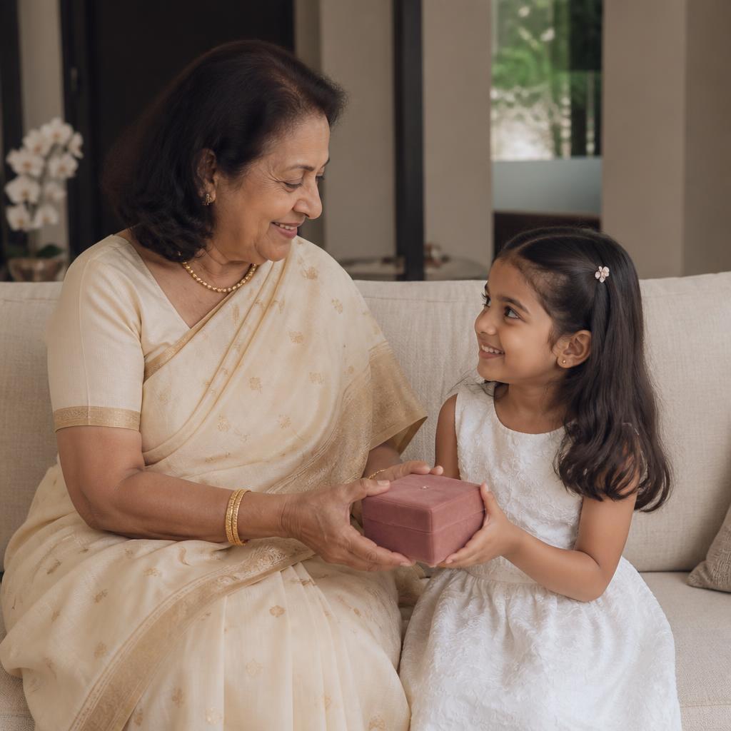Indian Singaporean grandmother giving a small jewellery gift box to her 6-year-old granddaughter