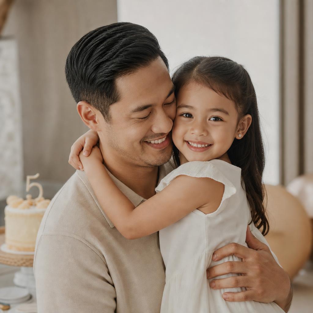 Malay Singaporean father hugging his 5-year-old daughter on her birthday
