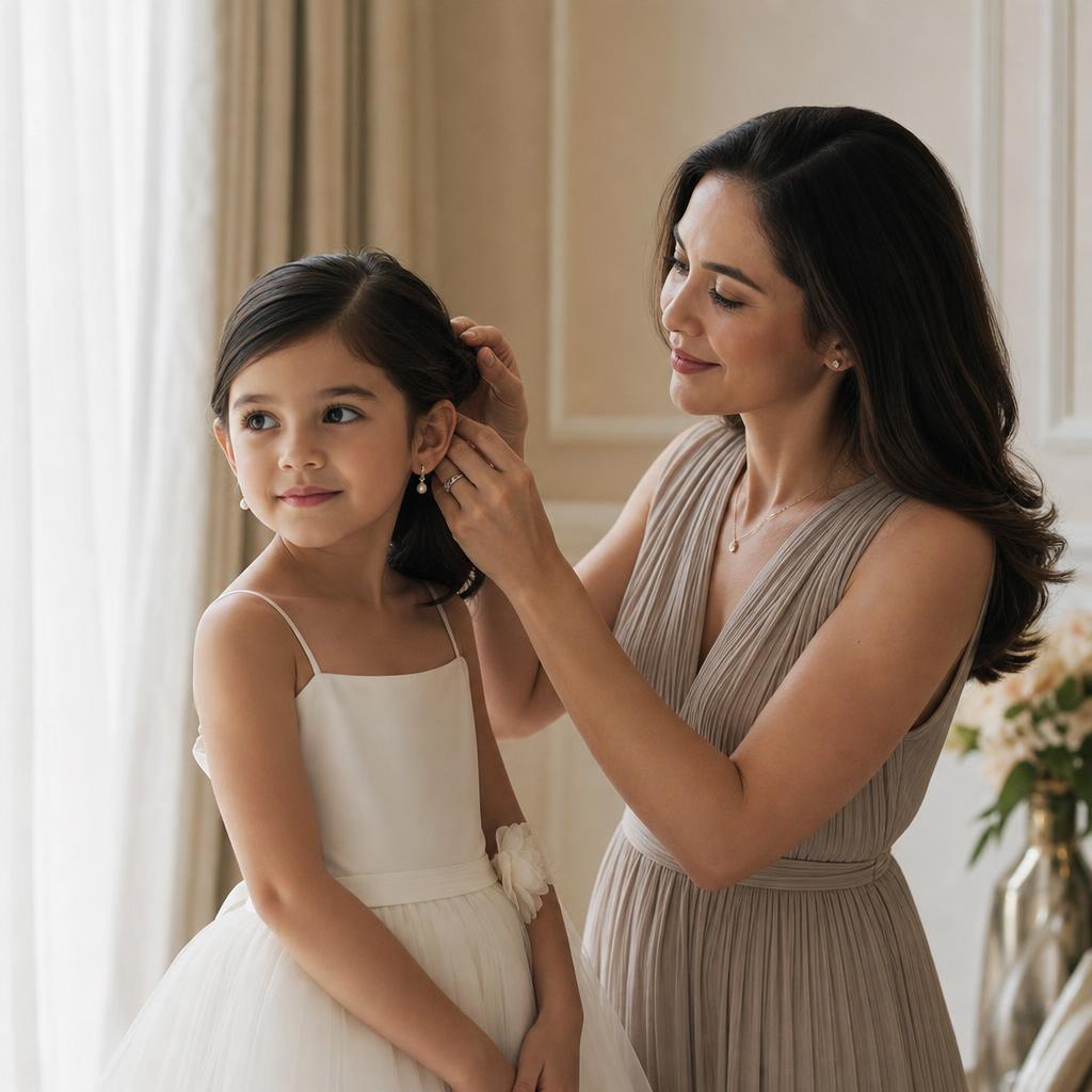Eurasian Singaporean mother adjusting her 5-year-old flower girl daughter's hair
