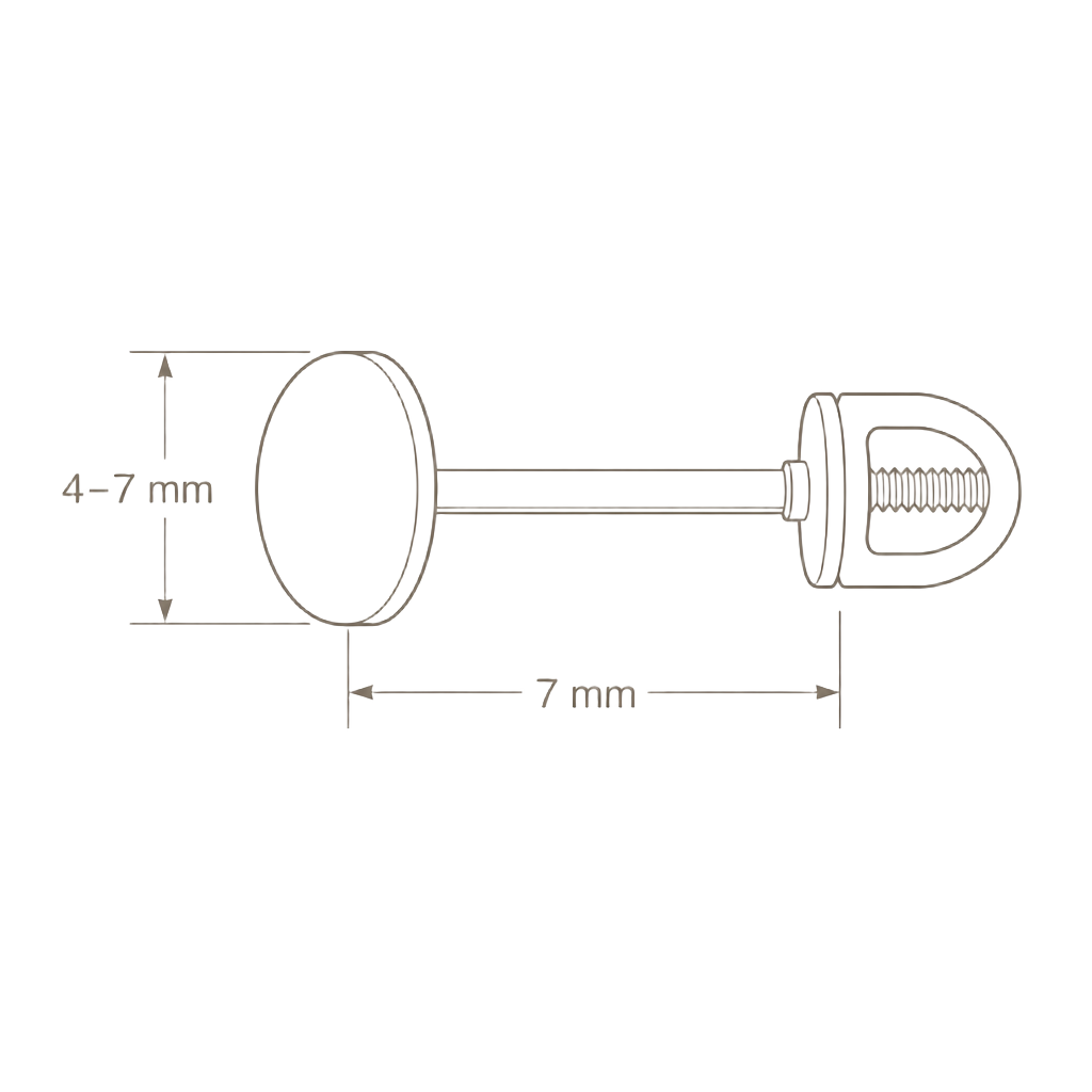 Blueprint-style drawing of a children's stud earring showing a 4–7mm front, 7mm post and screw-back fastening