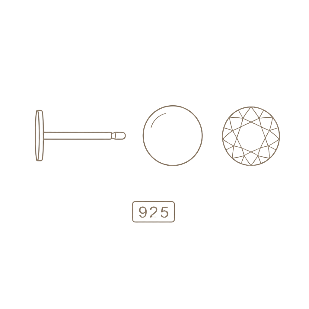 Technical line drawing of a sterling silver earring post, a freshwater pearl, a faceted stone and a 925 hallmark